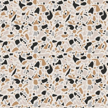 Terrazzo arka plan dokusu. Vektör kusursuz desen. Doğal taş, cam, kuvars, beton, mermer. Klasik İtalyan tarzı döşeme. Terrazzo tasarımı.