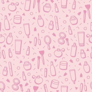 Kozmetik ürünler kusursuz desen. Çizgi film arka planı. Ruj, rimel, parfüm, göz farı. Makyaj ve güzellik şablonu. Güzellik vektörü çizimi. Moda..