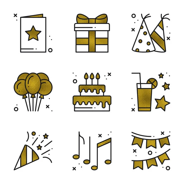 Birthday party icons set in gold. Golden birthday symbols and basic party elements on white background. Holidays, event, carnival, festive concept theme. Vector illustration in line style. — Stock Vector