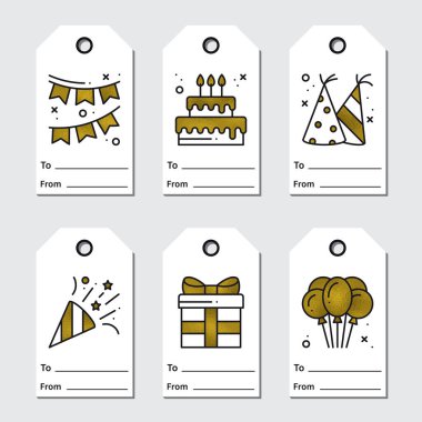 Beyaz arka planda altın doğum günü etiketleri tasarımı. Parti tebrik kartı koleksiyonu. Altınla. Yıldönümü ya da doğum günü için şirin bir set. Tatiller, etkinlikler, karnaval, festival konsepti. Vektör illüstrasyonu