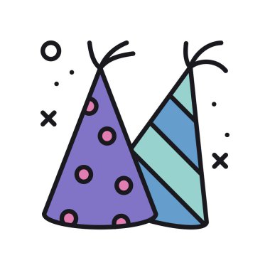 Parti konisi şapka çizgisi simgesi. Parti, doğum günü kutlaması, karnaval, festival teması. Partinin temel unsuru. Vektör çizimi. Tebrikler..