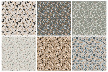 Bir dizi terrazzo arka plan dokusu. Vektör kusursuz desenler. Doğal taş, cam, kuvars, beton, mermer. Klasik İtalyan tarzı döşeme. Terrazzo tasarım elementleri.