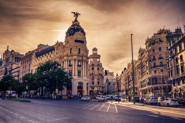 Madrid, Spain: cityscape at Calle de Alcala and Gran Via at sunset