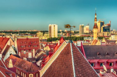 Tallinn, Estonya: gece eski şehir'deki hava Üstten Görünüm