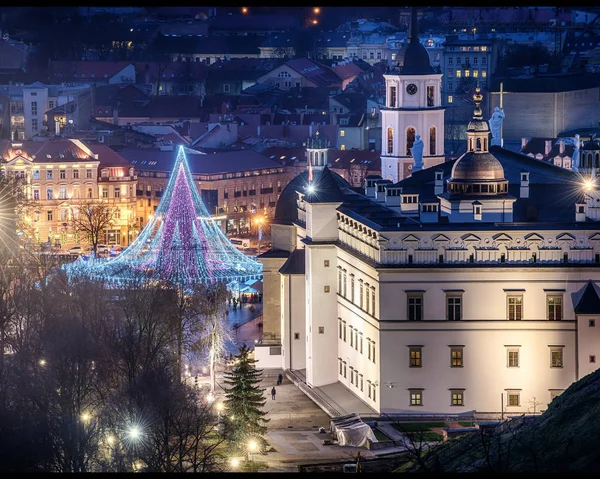 Vilnius, Litauen: Weihnachtsbaum und Dekoration auf dem Domplatz Stockfoto