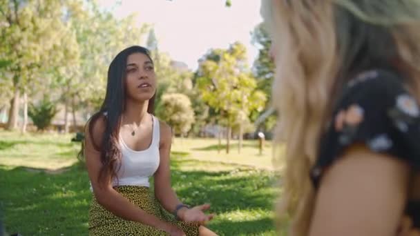 Una atractiva joven mujer disfrutando hablando con sus amigas sentadas sobre hierba verde en el parque durante el picnic — Vídeos de Stock