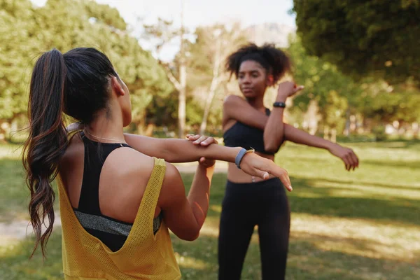 Dos deportistas fitness jóvenes diversas amigas estirando sus músculos en el parque en un día de verano - dos amigas haciendo ejercicio juntas — Foto de Stock