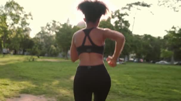 Tracking shot di una giovane donna in forma che corre nel parco — Video Stock