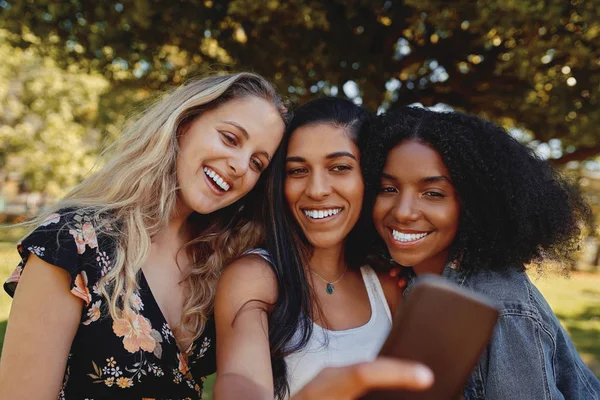 Close-up tersenyum ramah ceria bahagia kelompok teman-teman mengambil selfie pada ponsel di taman pada hari yang cerah — Stok Foto