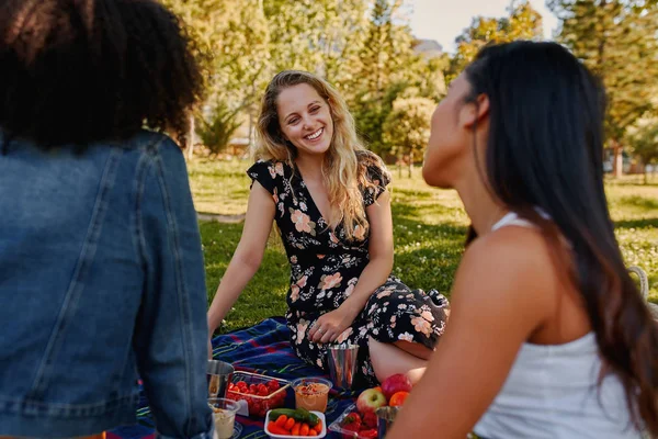 在温暖的阳光明媚的夏天，一群来自不同种族的女性朋友坐在公园里野餐的肖像 — 图库照片