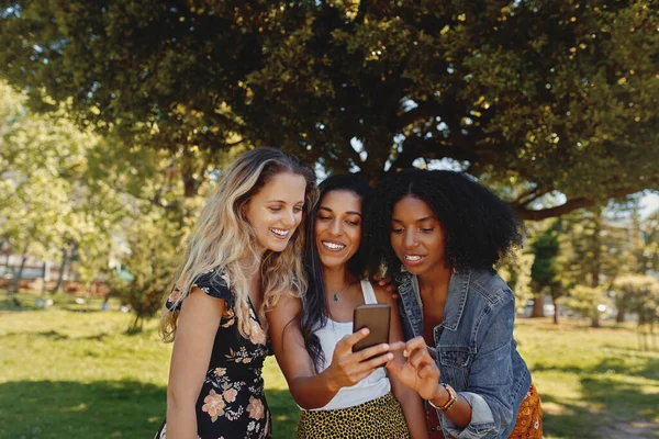 Smiling mixed race women standing close together in the park using mobile phone - happy group of female friends looking at a mobile phone outdoors — Stock Photo, Image