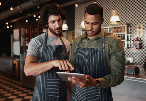 Cafe co-workers working together in cafe using digital tablet