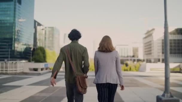 Rear view of a businessman and businesswoman walking down the street with modern buildings at background in city — Stock Video