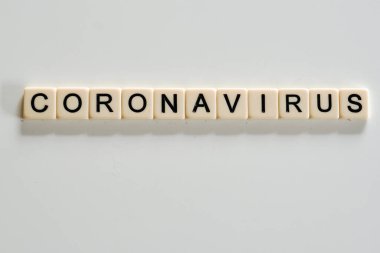 Coronavirus covid19 spelt on scabble tiles on a white background