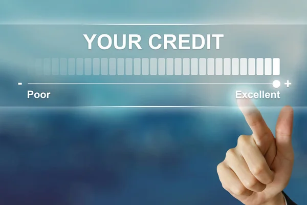 Negócio mão clicando excelente seu crédito na tela virtual — Fotografia de Stock