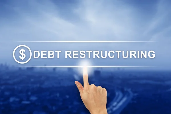 Clique na mão Botão de reestruturação da dívida na tela sensível ao toque — Fotografia de Stock