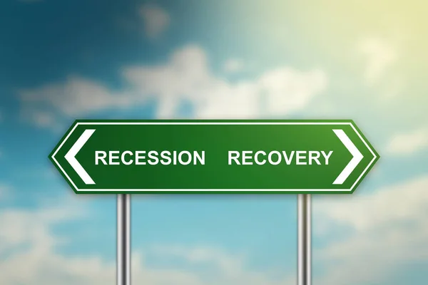 Recessie en herstel op groene verkeersbord — Stockfoto