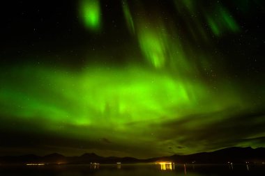 Aurora borealis veya Kuzey ışıkları Tromso, Norveç, gökyüzünde