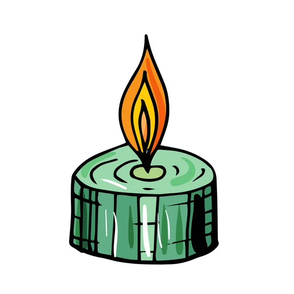 Vela ardiente verde dibujada a mano única para Año Nuevo y Navidad . — Vector de stock