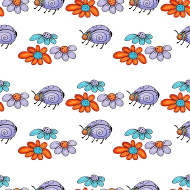 Sevimli el çizimi keçeli kalem. Komik böcekler ve çiçeklerle kusursuz desen..