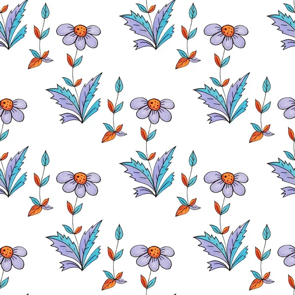Niedlichen Handgezeichneten Marker Doodle Nahtlose Muster Mit Dekorativen Gänseblümchen Blumen — Stockfoto