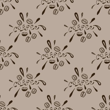 Kahve çekirdekleri ve harflerle kusursuz desen, vektör illüstrasyonu.