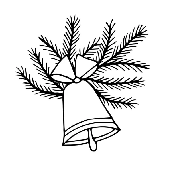 Dibujo a mano alzada tinta vacaciones campana y ramas de abeto para Navidad y Año Nuevo . — Vector de stock