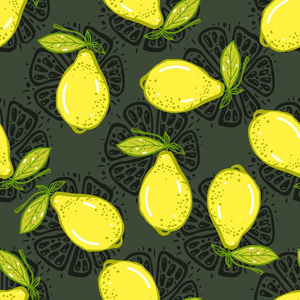 Nahtloses Muster von Zitronen auf dunklem Hintergrund. Skizzenstil. — Stockvektor