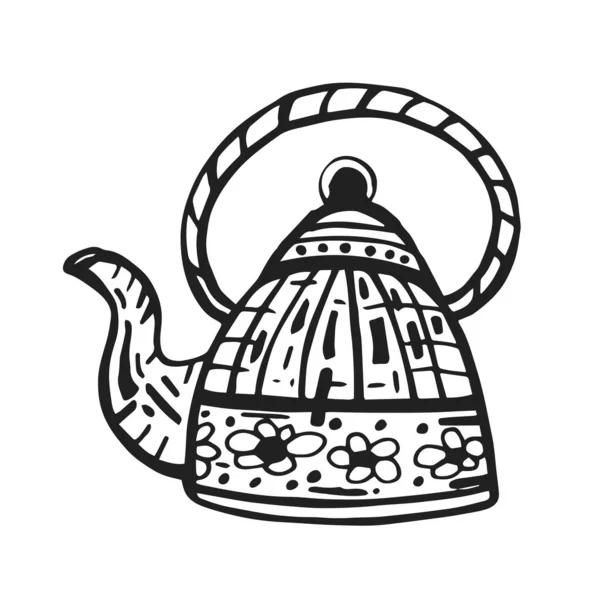 Funny enamelled teapot with hot tea for culinary design. — Stock Vector