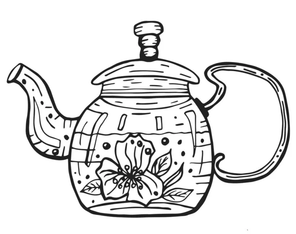 Tetera de vidrio con té de hierbas caliente para el diseño culinario . — Vector de stock