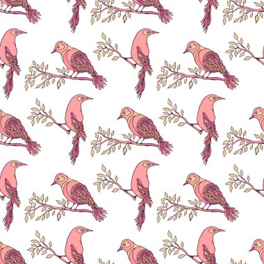 Beyaz üzerine elle çizilmiş dekoratif kuşlarla kusursuz desen.