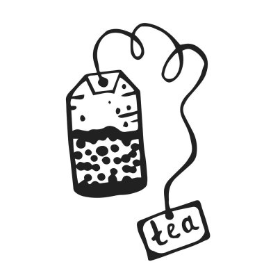 Etiketli çay poşeti. Vektör grafikleri. Beyaz arkaplandaki izole nesne.