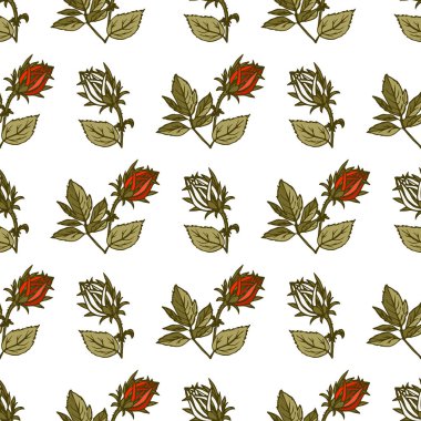 Beyaz arka planda yaprakları olan kırmızı gül tomurcuklarıyla kusursuz bir desen..