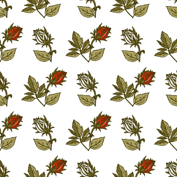 Бесшовный рисунок с красными бутонами диких роз с листьями на белом фоне . — стоковый вектор