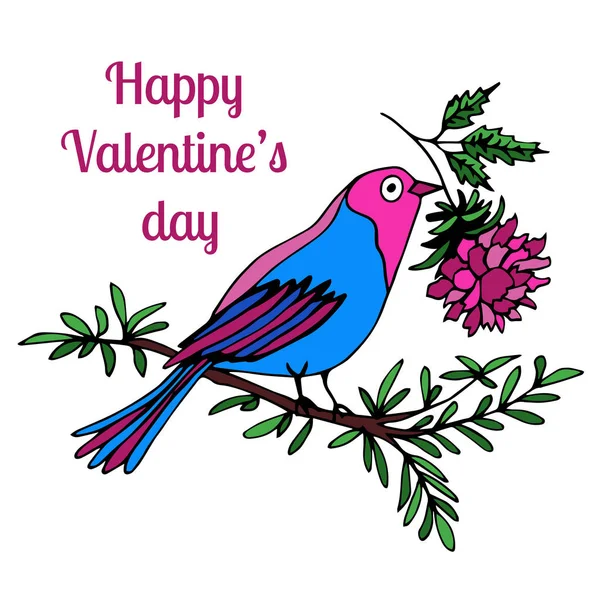 Sitzt ein Vogel auf einem Ast und hält eine Blume im Schnabel. Grußkarte. Valentinstag. — Stockvektor