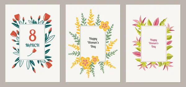 Conjunto de tres cartas para el Día Internacional de la Mujer 8 de marzo con marco de tulipán, flores de lilyes, flores silvestres y hojas . — Vector de stock