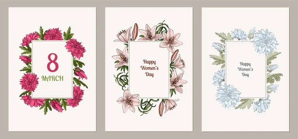 Conjunto de tres tarjetas vectoriales para el Día Internacional de la Mujer 8 de marzo con marco de lilyes y flores de crisantemo, brotes y hojas . — Archivo Imágenes Vectoriales