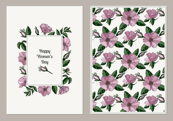 Tarjeta para el Día Internacional de la Mujer 8 de marzo con marco de flor de rosa mosqueta y hojas . — Vector de stock