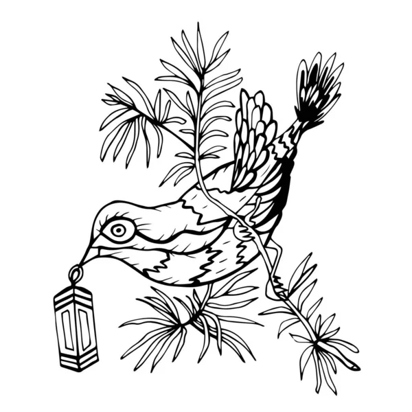 Met de hand getekende decoratieve monochrome vogel met vakantie lantaarn voor Kerstmis en Nieuwjaar decoratie. — Stockvector