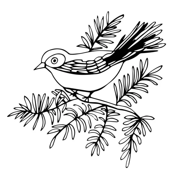 Uccello decorativo disegnato a mano isolato su bianco. Un uccello siede su un ramo . — Vettoriale Stock