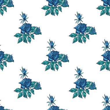 Beyaz arka planda mavi güller ve tomurcuklar olan pürüzsüz desen.