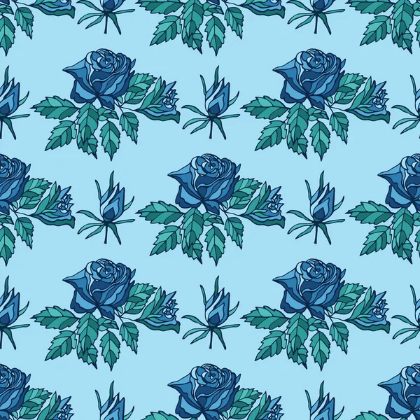 푸른 배경에 푸른 장미와 꽃봉오리가 있는 솔기없는 무늬. — 스톡 벡터