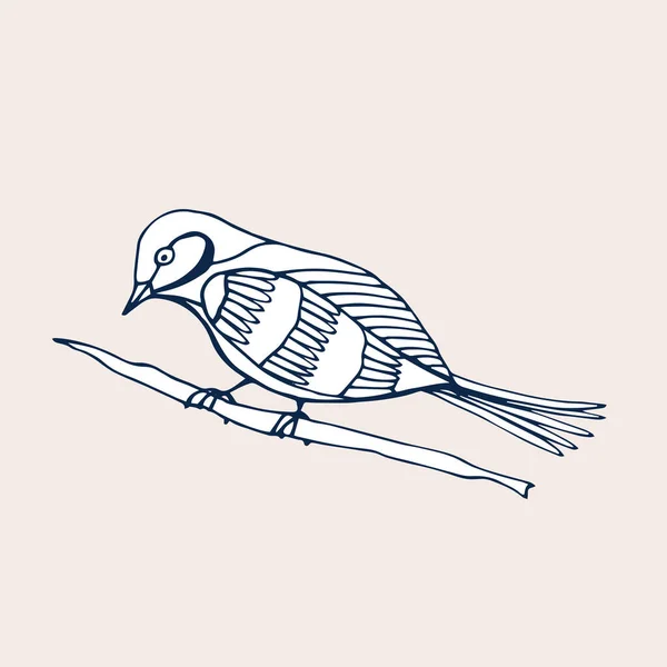 Pájaro decorativo dibujado a mano aislado en blanco. Un pájaro se sienta en una rama . — Vector de stock