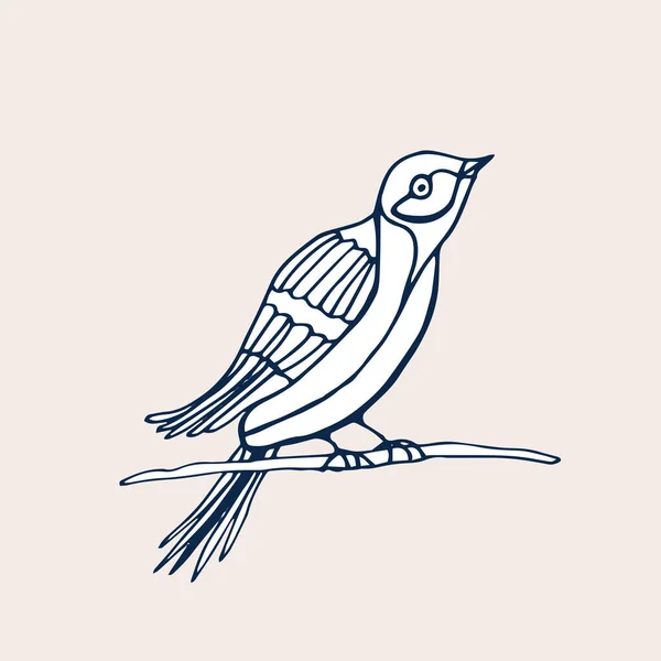 Ręcznie rysowany ptak dekoracyjny izolowany na białym. Ptak siada na gałęzi. — Wektor stockowy