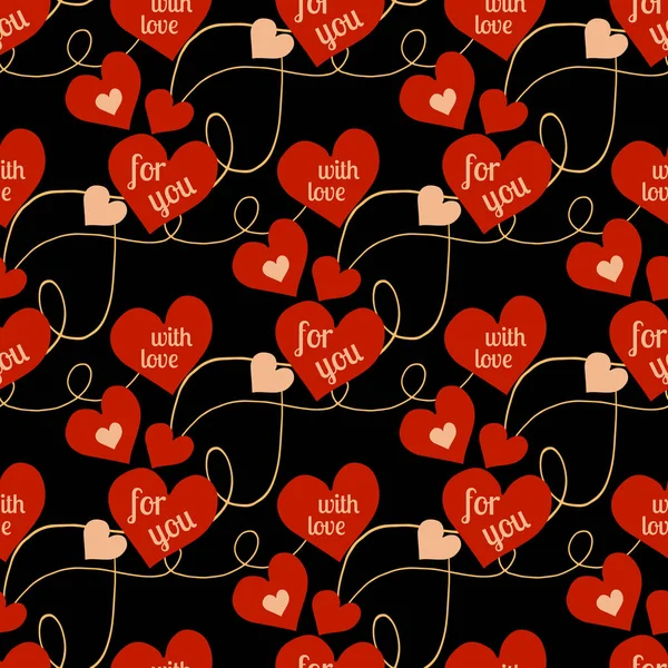 Απρόσκοπτη μοτίβο με κόκκινες καρδιές και διακοσμητικές καμπύλες στο σκούρο φόντο. — Διανυσματικό Αρχείο