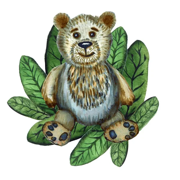 Kaartontwerp met schattige beer en groene bladeren. Aquarelkaart. — Stockfoto