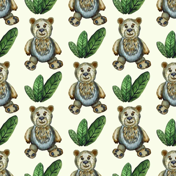 Watercolor green leaves and cute bear. Hand drawn seamless pattern for design, packaging, fabric, paper.