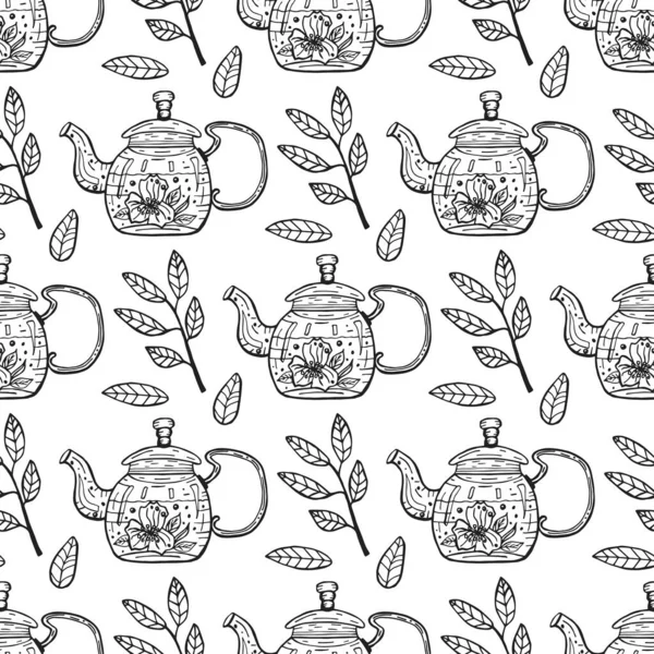 Hand drawn seamless pattern for culinary design. Glass teapot with hot herbal tea with leaves. — Stock Vector