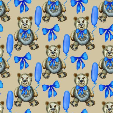 Tertemiz desenli, küçük sevimli ayıcık ve parlak mavi balonlar bej arka planda..