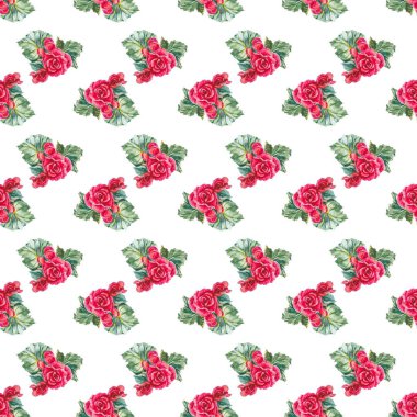 Beyaz arka planda yaprakları olan kırmızı begonya çiçekleri. Kusursuz çiçek deseni.